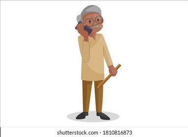 Old man is talking on the phone. Vector graphic illustration. Individually on white background.