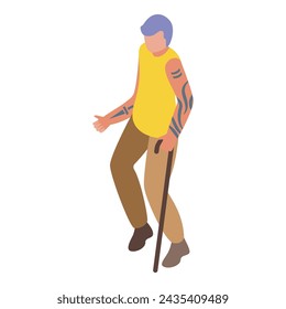 Old man with tattoos with stick icon isometric vector. Adult ink figure. Freak body art