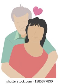 Old man tenderly hugs his wife isolated on a white background.