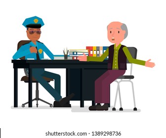 An old man testifies to the police. Vector illustration, flat style drawing. Isolated on a white background.