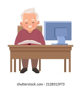 old man with textbook and desktop