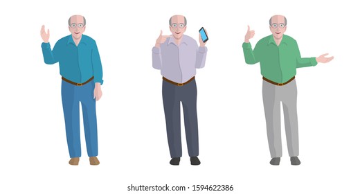 Old man in three poses: hi, call, that's cool.