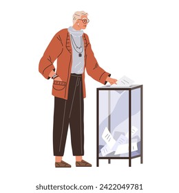Old man throwing voting ballot for candidate in box during president or government election or referendum. Cartoon voter polling. Democracy and human opinion. Elderly man votes at polling station