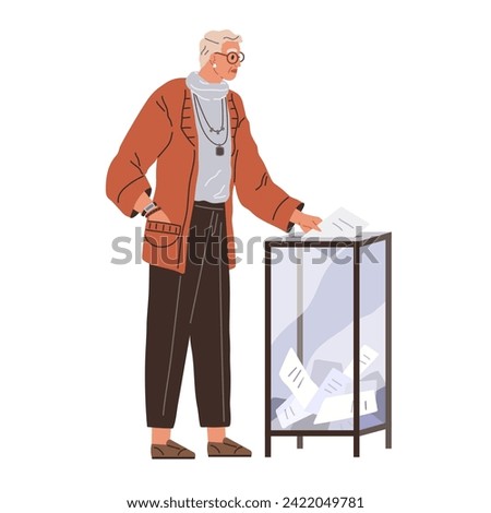 Old man throwing voting ballot for candidate in box during president or government election or referendum. Cartoon voter polling. Democracy and human opinion. Elderly man votes at polling station