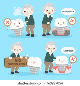 old man with tooth implant on the blue background