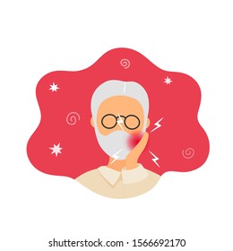 Old man with toothache touching his chick. Flat modern trendy style.Vector illustration character icon. Isolated on white background.