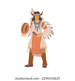 Old man in traditional American Indian cloth and accessories playing drum - flat vector illustration isolated on white. Native American character. Shaman of tribe of indigenous Americans.