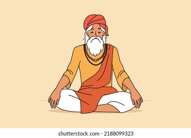 Old man in traditional clothes sitting in lotus position meditating. Elderly male yogi practice yoga. Culture and tradition. Vector illustration. 