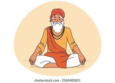 Old man in traditional clothes sitting in lotus position meditating. Elderly male yogi practice yoga. Culture and tradition. Vector illustration.