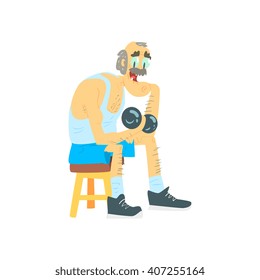 Old Man Training In Gym Cute Cartoon Style Isolated Flat Vector Illustration On White Background