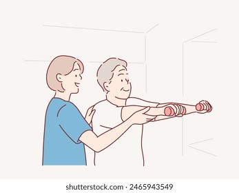 Old man training with physiotherapist using dumbbells at home. Therapist assisting senior woman with exercises in nursing home. Hand drawn style vector design illustrations.