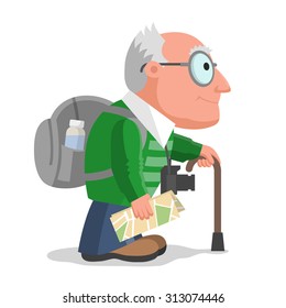 Old man is travelling with backpack, camera and maps. Hiking and tourism at any age