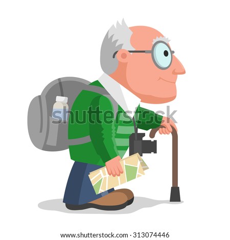 Old man is travelling with backpack, camera and maps. Hiking and tourism at any age