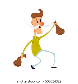 The old man with two bags in hands on white background. Vector illustration