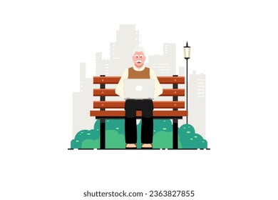 Old man typing laptop on bench outdoor park with city background, Vector illustration.