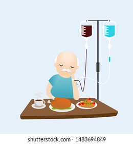 Old man unhappy to eat food. Bored with food. Oldman boring don't want to eat food.Vector, illustration