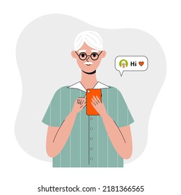 Old Man Use Mobile Phone. Nice Elderly Male Character Using Dating Apps, Social Media. Communicate In Net For Older Person. Cute Vector Illustration In Flat Style.