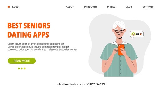 Old Man Use Mobile Phone. Nice Elderly Male Character Using Dating Apps, Social Media. Communicate In Net For Older Person. Landing Page Template, Web Banner. Cute Vector Illustration In Flat Style.