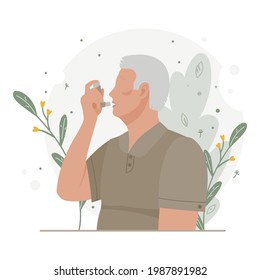 Old man uses an asthma inhaler against an allergic attack. World asthma day. Allergy, asthmatic. Inhalation medicine. Bronchial asthma. Vector flat concept illustration