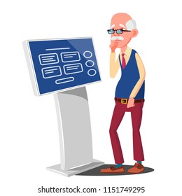 Old Man Using ATM, Digital Terminal Vector. Advertising Touch Screen. Floor Standing. Money Deposit, Withdrawal. Isolated Flat Cartoon Illusration