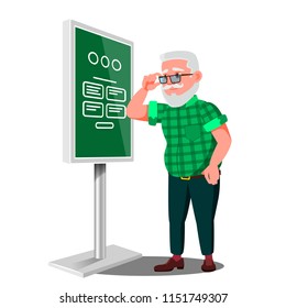 Old Man Using ATM Machine, Digital Terminal Vector. Digital Kiosk LED Display. Self Service Information System. Isolated Flat Cartoon Illusration
