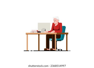 Old man using computer on table, Using computer for education and enjoyment on isolated background, Vector illustration.