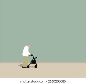 Old man using helper walker on circle. Professional supporting equipment for elderly people. Old age disability. flat vector character design.