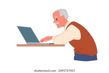 Old man using laptop. Happy active senior person sitting at table with computer to play, study or work, elderly grandfather character working online in retirement cartoon vector illustration