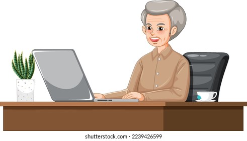 Old man using laptop on the desk illustration