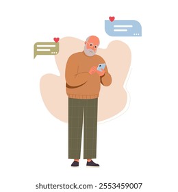 Old man using mobile cell phone, chatting online and messaging. Senior elderly character communicate in social networks. Happy aged cellphone user. Flat cartoon vector illustration isolated on white.