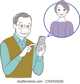 An old man using mobile phone calling his wife