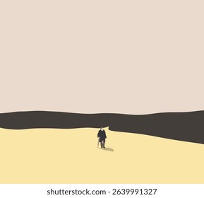 Old man using pink umbrella as walking cane in mountain public park. Retired lifestyle outdoor. Minimal art design. 