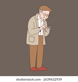 an old man using a smartphone. minimal line illustration.	

