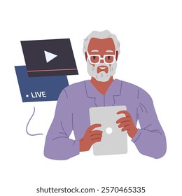 Old man using video player mobile app. Happy active senior person in glasses holding smartphone or tablet to use and play multimedia, news live stream or movie film cartoon vector illustration