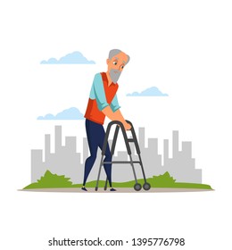 Old man using walkers flat vector illustration. Bald pensioner with gray beard cartoon character. Sad grandfather walking alone, senior on outdoor stroll in park. Retirement life, aging