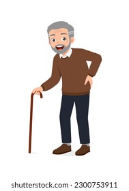 old man using walking cane and feel happy