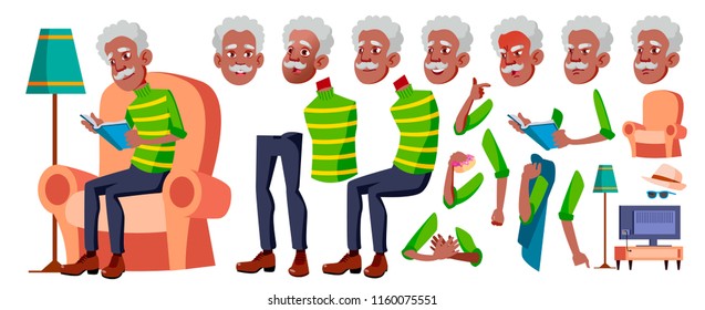 Old Man Vector. Black. Afro American. Senior Person Portrait. Elderly People. Aged. Animation Creation Set. Face Emotions, Gestures. Comic Pensioner. Lifestyle. Placard. Animated. Cartoon Illustration