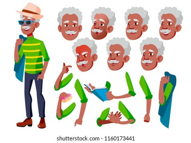 Old Man Vector. Black. Afro American. Senior Person. Aged, Elderly People. Adult People. Casual. Face Emotions, Various Gestures. Animation Creation Set. Isolated Flat Cartoon Character Illustration