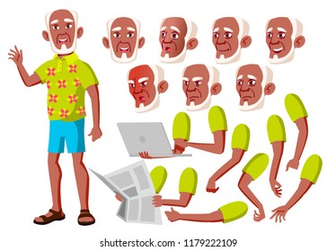 Old Man Vector. Black. Afro American. Senior Person. Aged, Elderly People. Pretty. Face Emotions, Various Gestures. Animation Creation Set. Isolated Flat Cartoon Character Illustration