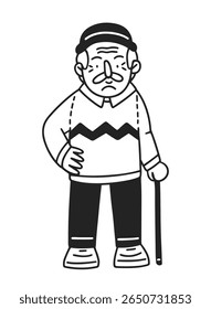 Old man. Vector line hand-drawn illustration. Cartoon happy grandfather with hat and walking stick. Stylish senior man doodle