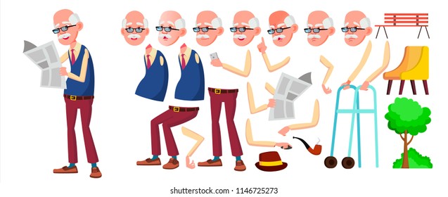 Old Man Vector. Senior Person Portrait. Elderly People. Aged. Animation Creation Set. Face Emotions, Gestures. Funny Pensioner. Leisure. Announcement. Animated. Isolated Cartoon Illustration
