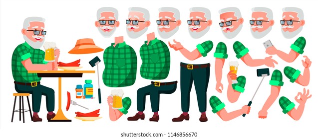 Old Man Vector. Senior Person Portrait. Elderly People. Aged. Animation Creation Set. Face Emotions, Gestures. Beautiful Retiree. Life. Print Design. Animated. Isolated Cartoon Illustration
