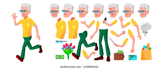 Old Man Vector. Senior Person Portrait. Elderly People. Aged. Animation Creation Set. Face Emotions, Gestures. Active Grandparent. Joy. Poster Design. Animated. Isolated Cartoon Illustration
