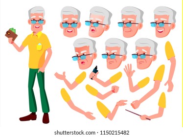 Old Man Vector. Senior Person. Aged, Elderly People. Face Emotions, Various Gestures. Animation Creation Set. Isolated Flat Cartoon Character Illustration