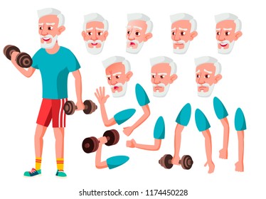 Old Man Vector. Senior Person. Aged, Elderly People. Cute, Comic. Joy. Face Emotions, Various Gestures. Animation Creation Set. Isolated Flat Cartoon Character Illustration