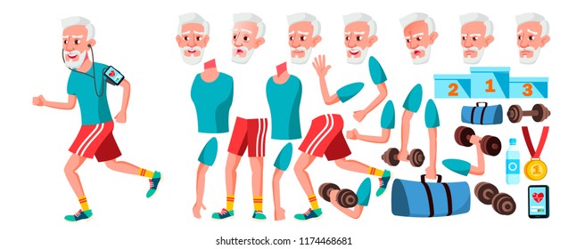 Old Man Vector. Senior Person Portrait. Elderly People. Aged. Animation Creation Set. Face Emotions, Gestures. Cheerful Grandparent. Card Design. Animated. Isolated Cartoon Illustration
