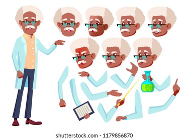 Old Man Vector. Senior Person. Black. Afro American. Aged, Elderly People. Scientist, Doctor. Face Emotions, Various Gestures. Animation Creation Set. Isolated Flat Cartoon Character Illustration