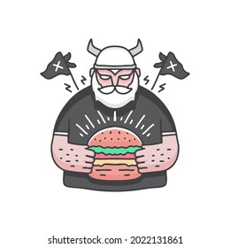 Old man viking holding burger illustration. Vector graphics for t-shirt prints and other uses.