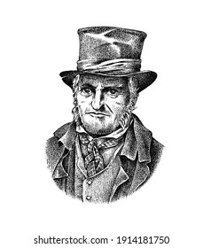 Old man in a vintage suit. Poor peasant in a hat. Victorian era character, antique style. Engraved sketch.