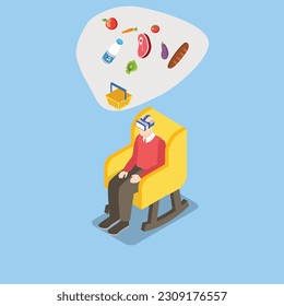 Old man in virtual reality glasses ordering food in mobile app on smartphone screen vr isometric 3d vector illustration concept for banner, website, illustration, landing page, flyer, etc.